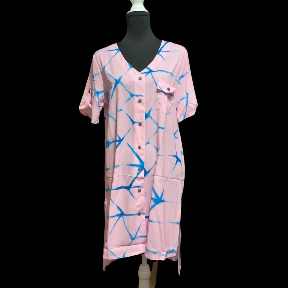 Pink and blue button down shirt dress